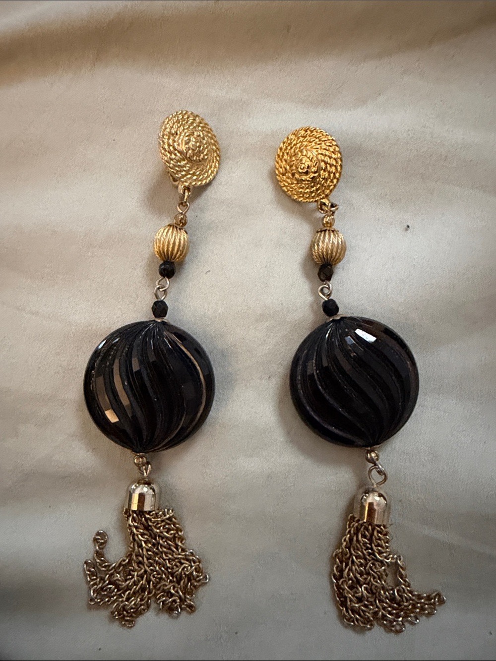 Vintage Gold and Black Tassel Drop Earrings - Elegant Women's Jewelry clip on
